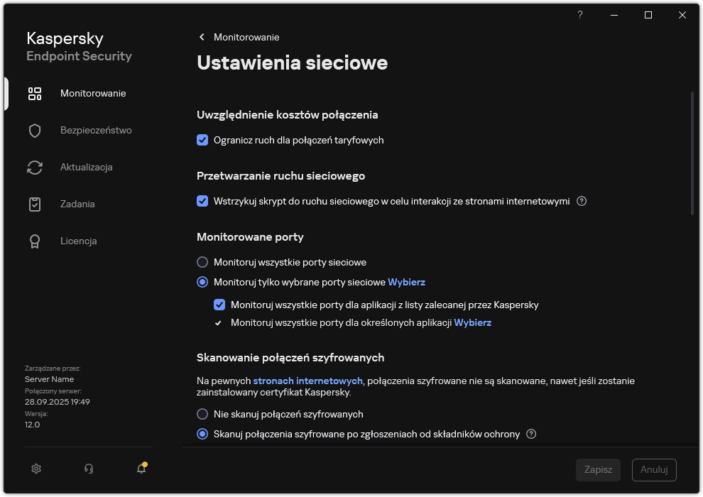 Okno ustawień sieciowych aplikacji.