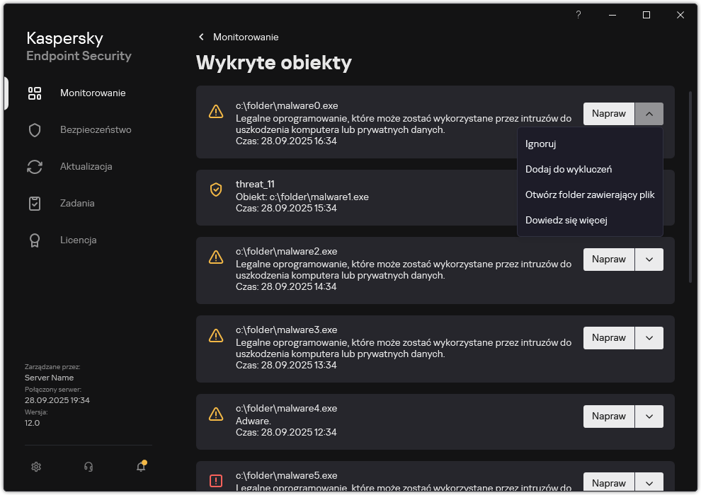 Okno z listą wykrytych obiektów. Wyświetlane są informacje o obiekcie. Użytkownik może rozwiązać lub usunąć obiekt.