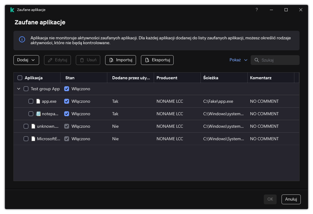 Okno z listą zaufanych aplikacji. Użytkownik może dodawać, edytować lub usuwać zaufaną aplikację.