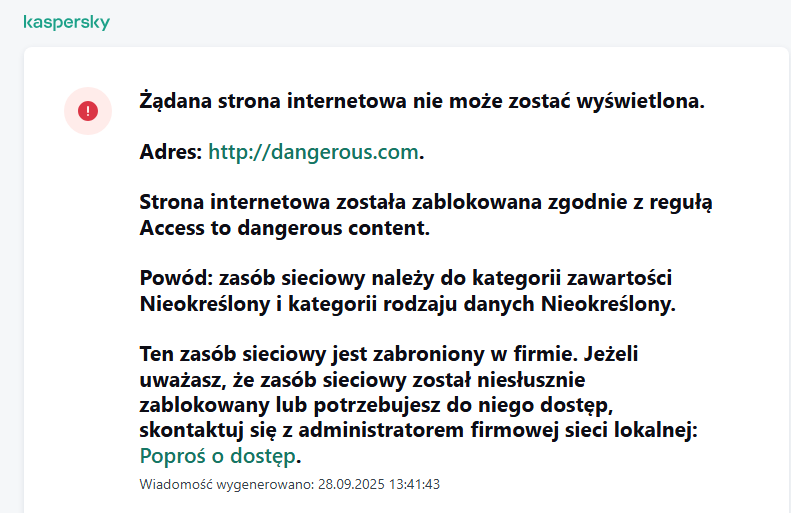 Powiadomienie o odwiedzeniu strony internetowej zablokowanej przez Kontrolę sieci. Użytkownik może utworzyć żądanie dostępu do zasobu internetowego.
