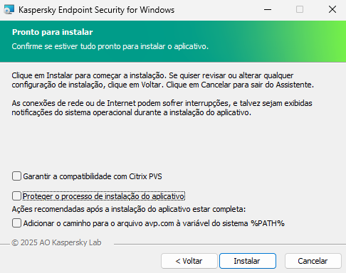 Janela de configurações de instalação: proteção de instalação, compatibilidade com Citrix PVS, variável de sistema para avp.com.