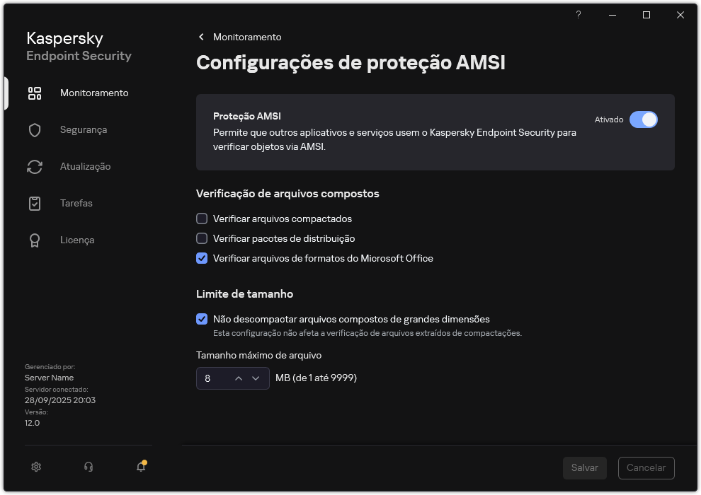 Janela Configurações de Proteção AMSI.