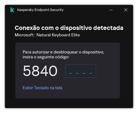 A janela com o código de autorização do teclado. O usuário pode ativar o teclado na tela e inserir o código.