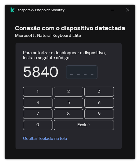 A janela com o código de autorização do teclado e o Teclado na tela. O usuário pode inserir o código.