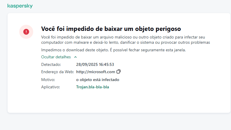 Notificação da Kaspersky sobre impedir que objetos maliciosos sejam carregados na janela do navegador.