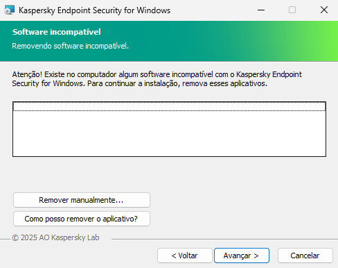 Janela do instalador com uma lista de softwares incompatíveis. O usuário pode iniciar a remoção de softwares incompatíveis.
