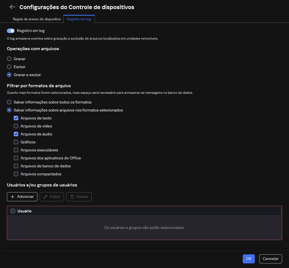 A janela para configurar a criação de log de eventos sobre o uso de unidades removíveis. O usuário pode selecionar os eventos a serem registrados.