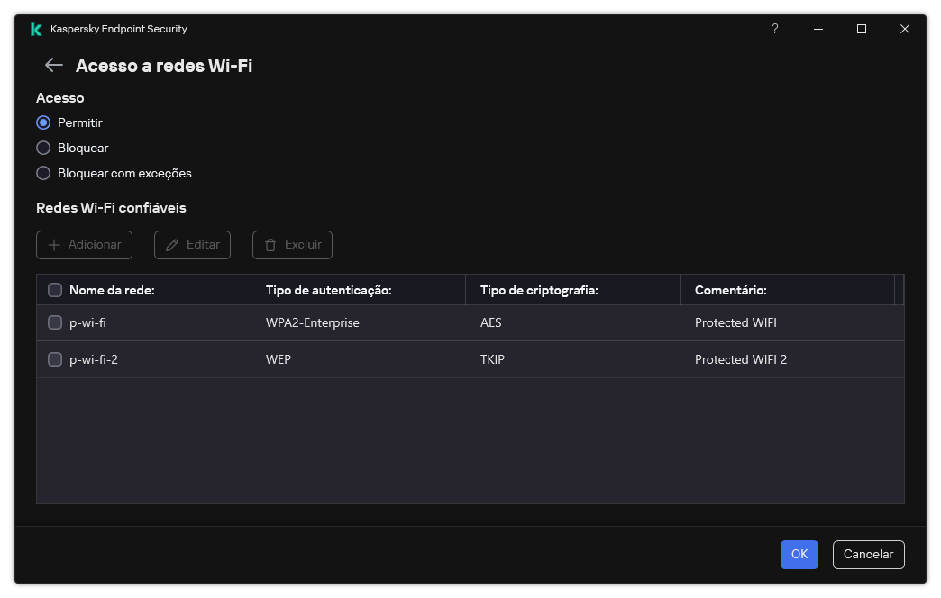Uma janela com uma lista de redes Wi-Fi. O usuário pode configurar o acesso a todas as redes Wi-Fi e adicionar redes Wi-Fi confiáveis.
