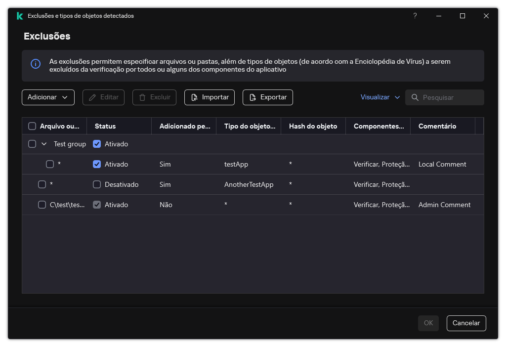 Uma janela com a lista de exclusões. As propriedades de exclusão são exibidas. O usuário pode adicionar, editar ou excluir exclusões.