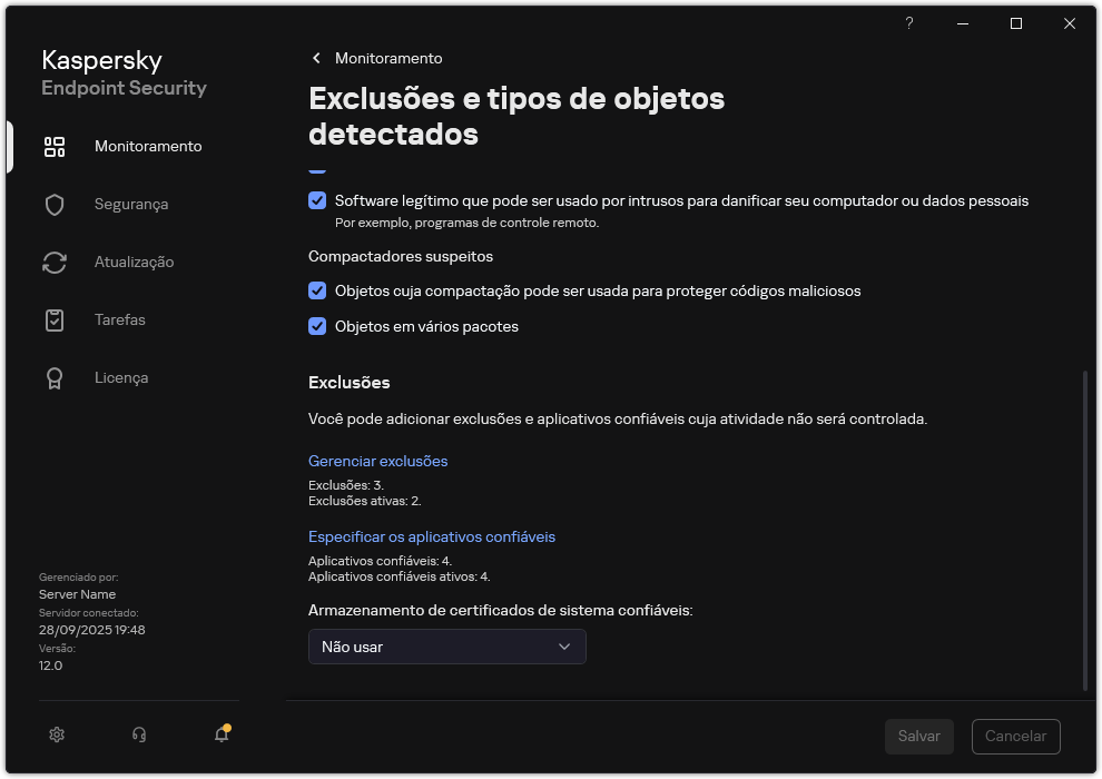 Janela Configurações de exclusão. O usuário pode adicionar exclusões e aplicativos confiáveis.