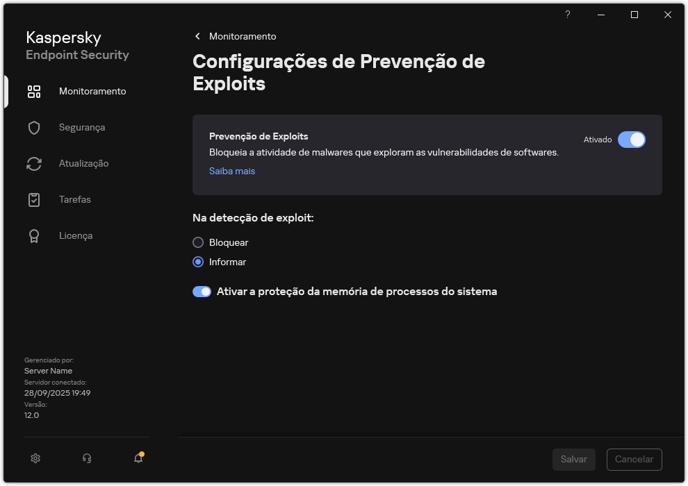 Janela Configurações de prevenção de exploit