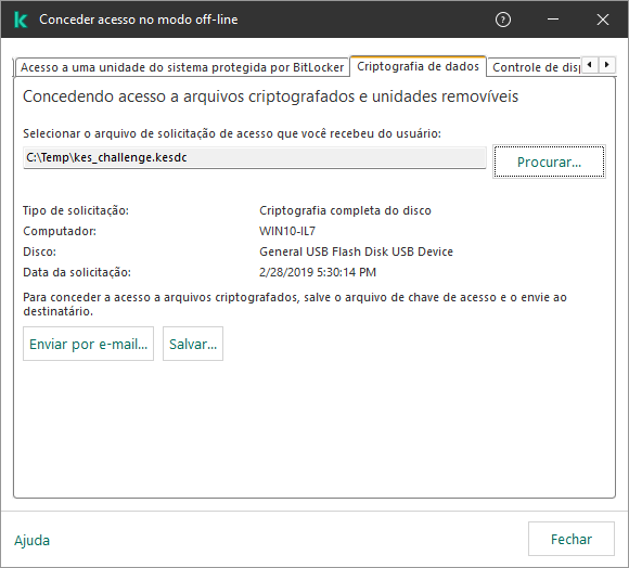 A janela contém um campo para selecionar o arquivo de solicitação de acesso. O usuário pode salvar a chave criada em disco ou enviá-la por e-mail.