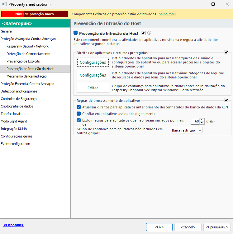 Janela Configurações da Prevenção de Intrusões.