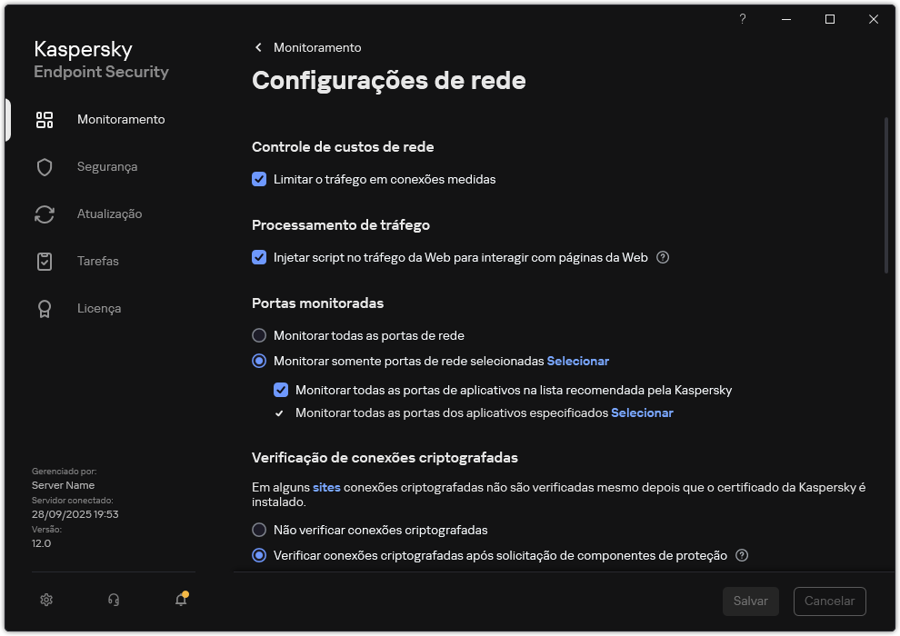 Janela Configurações do Aplicativo de Rede.