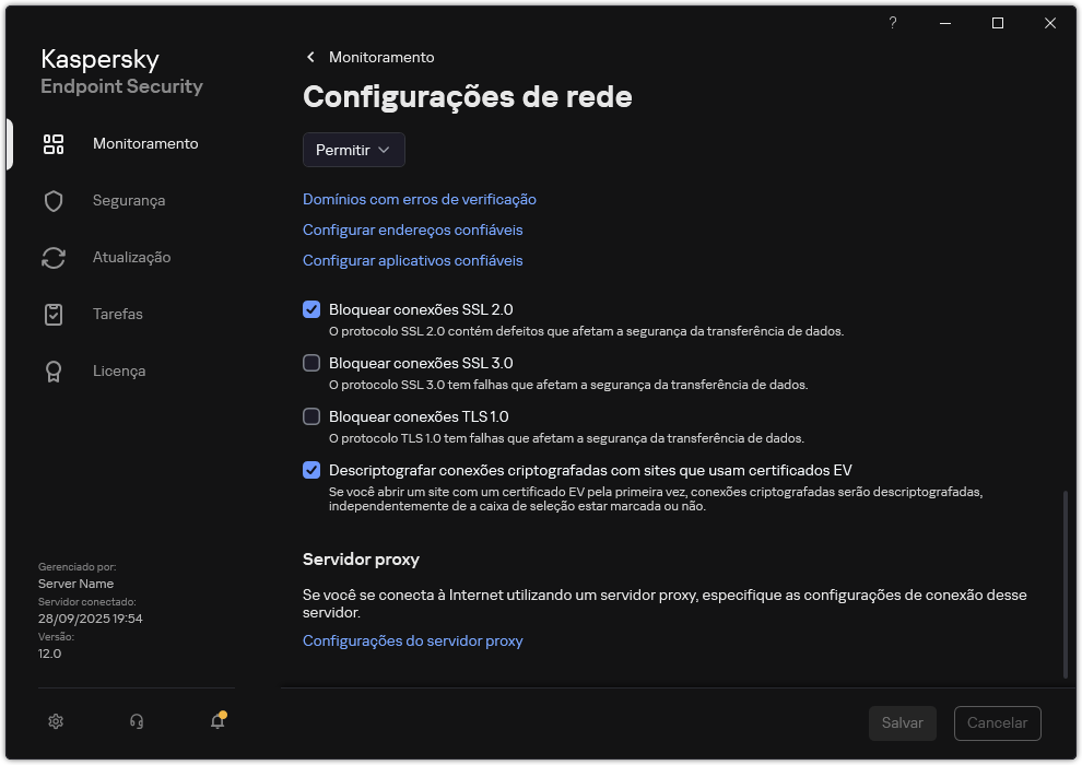 Janela Configurações do Aplicativo de Rede.