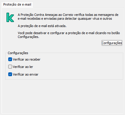 Extensão da Kaspersky para a janela do Outlook. O usuário pode configurar a verificação de mensagens quando recebidas, lidas ou enviadas.