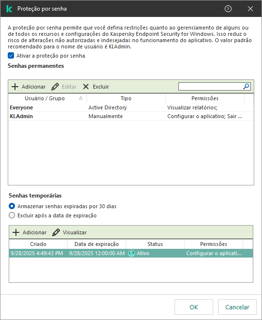 Janela Gerenciamento de senhas temporárias.