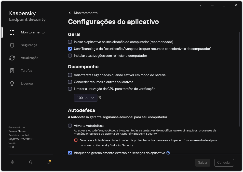 Janela Configurações do Aplicativo. O usuário pode configurar o desempenho, a autodefesa e outras configurações.