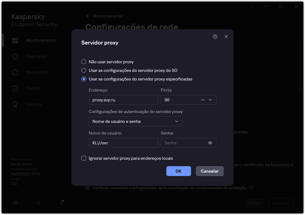 A janela para configurar a conexão do servidor proxy. O usuário pode definir o endereço do servidor proxy e as credenciais para se conectar ao servidor proxy.