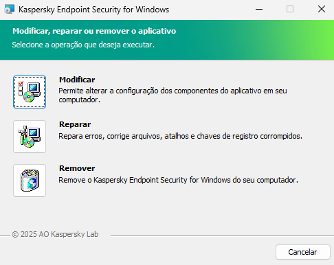 Janela do instalador com uma lista de operações disponíveis: alterar o conjunto de componentes, reparar o aplicativo, remover o aplicativo.