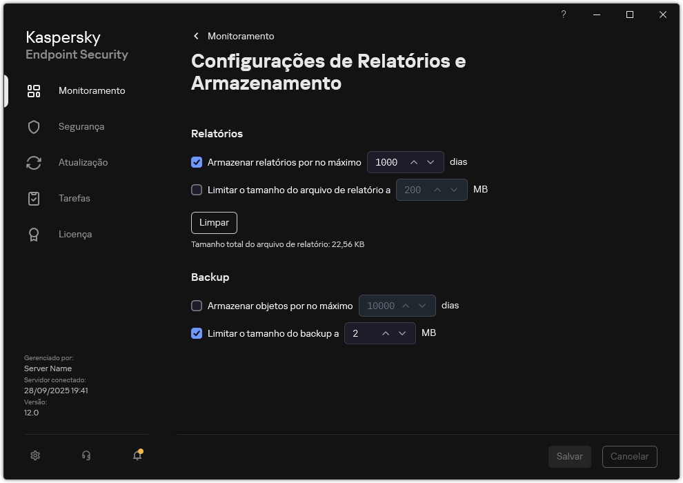 Janela Configurações de relatórios e armazenamento. O usuário pode definir o tamanho e limitar o tempo de armazenamento de relatórios e objetos no repositório.