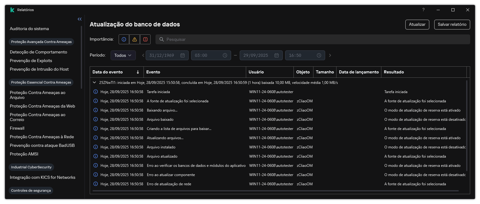 Uma janela com a lista de eventos no relatório. O usuário pode filtrar/classificar os eventos e salvar os relatórios em um arquivo.