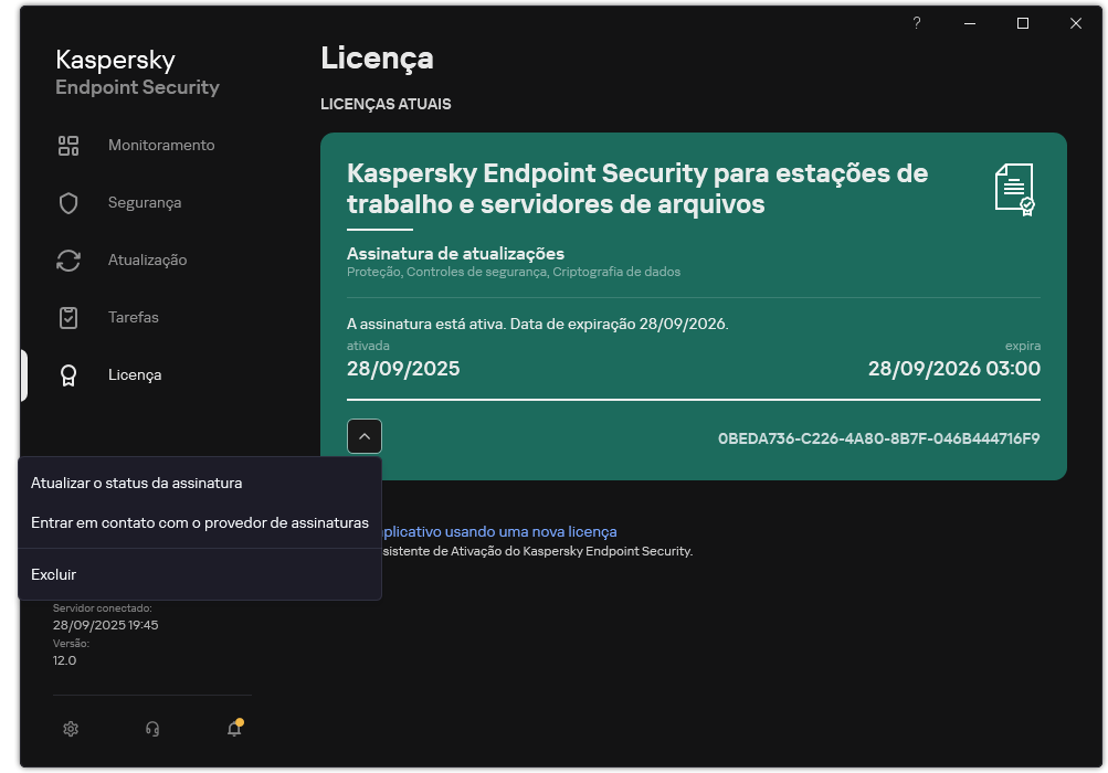 A janela com as informações sobre a licença. O usuário pode atualizar a assinatura, entrar em contato com o provedor de assinatura ou remover a licença.