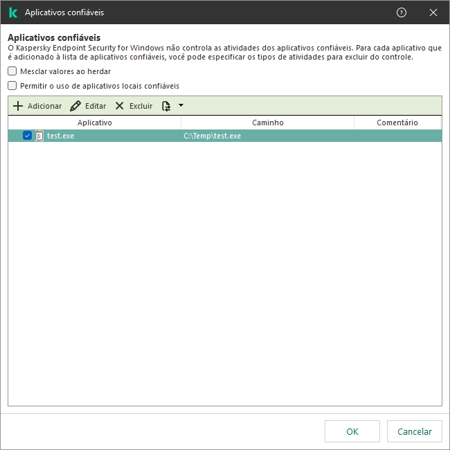 Uma janela com a lista de aplicativos confiáveis. O usuário pode adicionar, editar ou remover um aplicativo confiável.