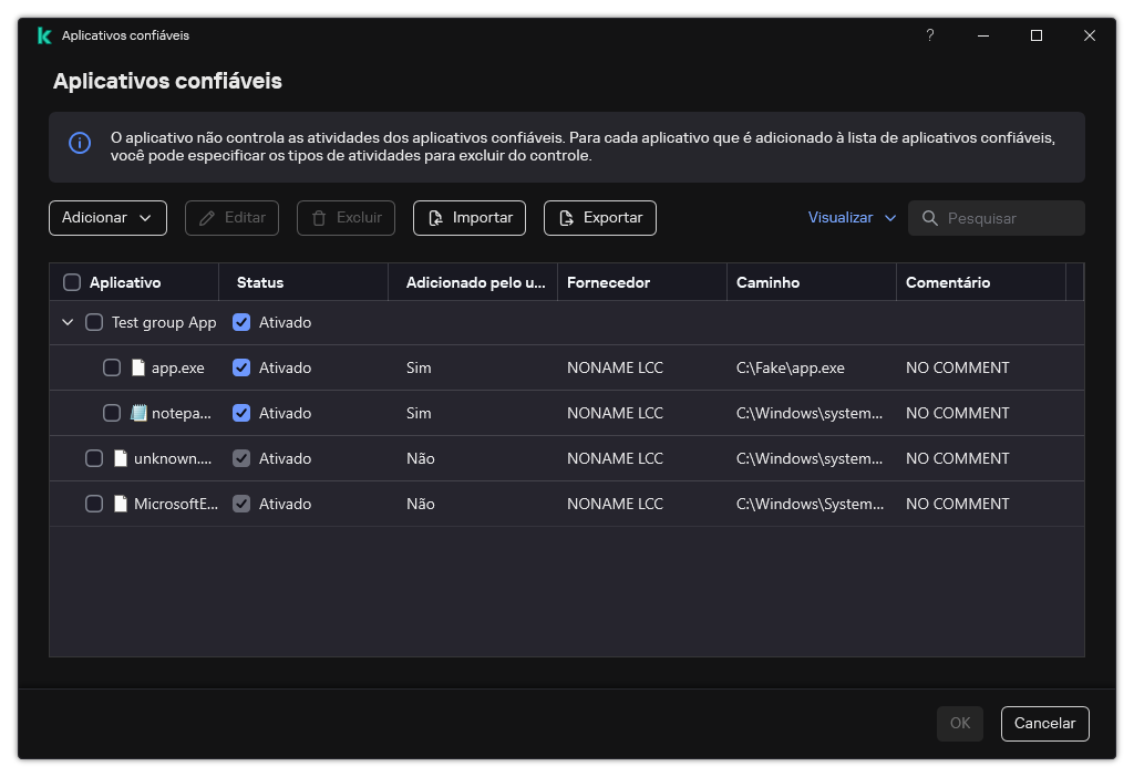 Uma janela com a lista de aplicativos confiáveis. O usuário pode adicionar, editar ou remover um aplicativo confiável.