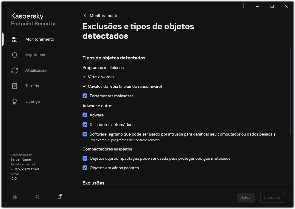 Janela Configurações de exclusão. O usuário pode selecionar os tipos de objetos detectados e adicionar objetos às exclusões.