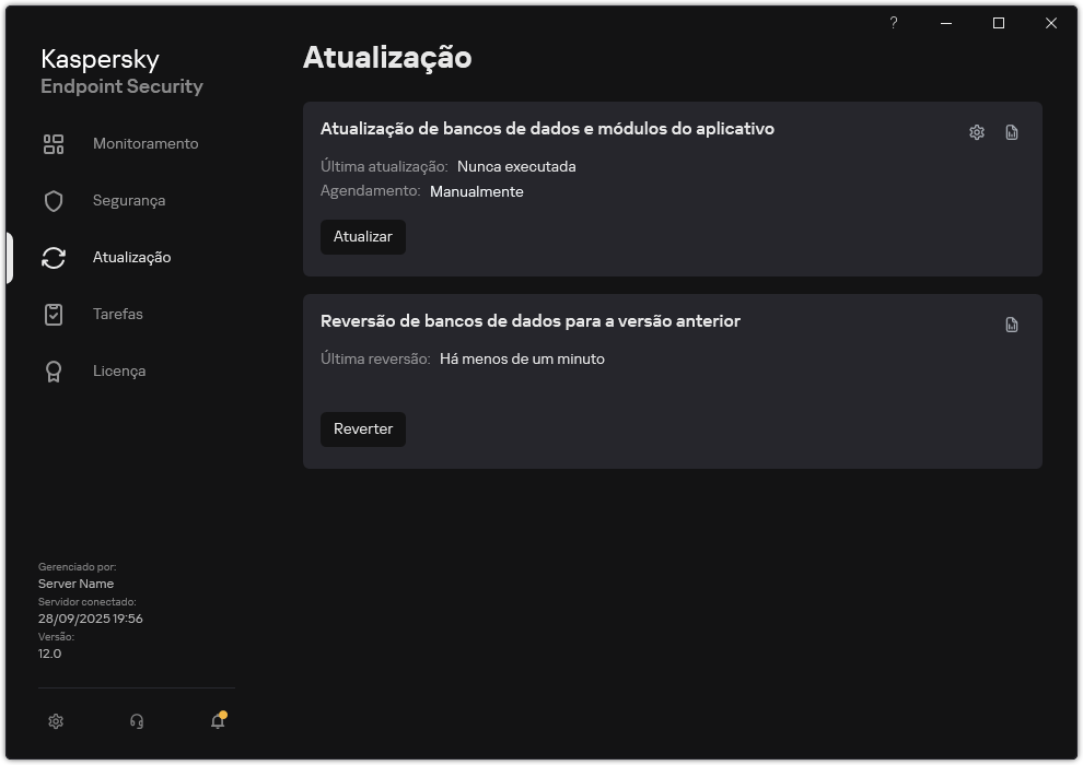 Uma janela com a lista de tarefas de atualização local. O usuário pode iniciar a atualização dos bancos de dados e módulos do aplicativo, assim como reverter a última atualização.