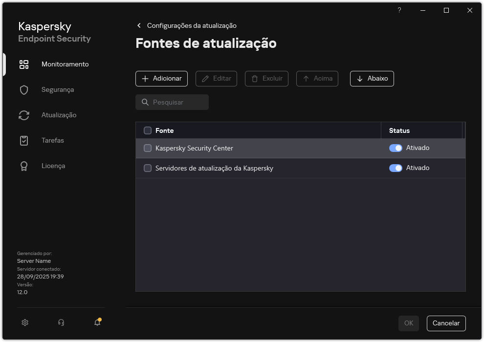 Uma janela com a lista de fontes de atualização. O usuário pode adicionar fontes de atualização e atribuir uma prioridade à fonte.