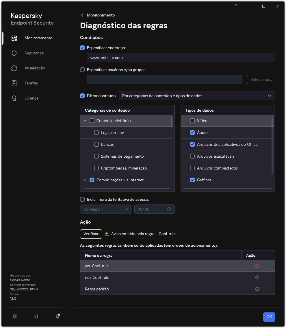 Janela de resultados do teste do Recurso da Web.