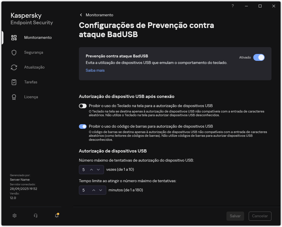 Janela de Configurações de prevenção contra ataque BadUSB.