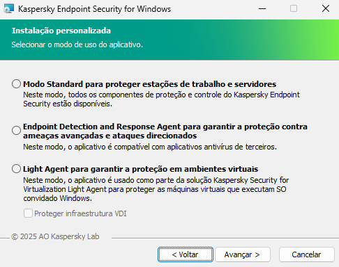 Janela do instalador com a configuração do aplicativo: funcionalidade completa ou Endpoint Detection and Response Agent.