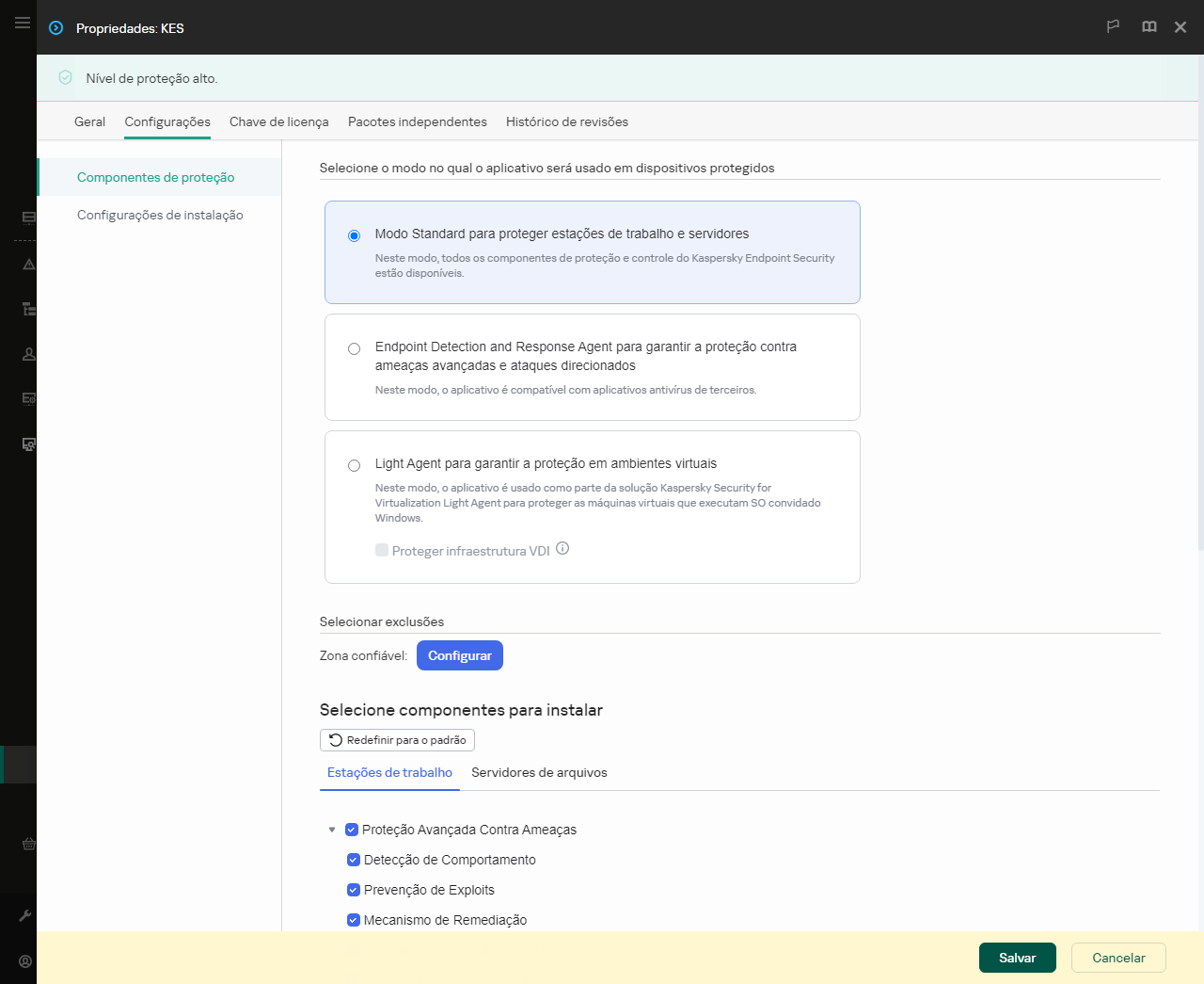 Janela de propriedades do pacote de instalação. É possível selecionar quais componentes do aplicativo deseja incluir.