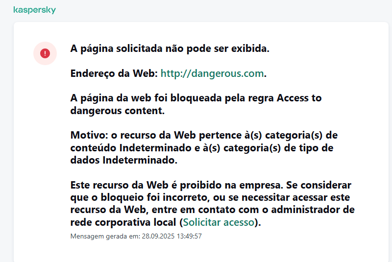 Notificação sobre a visita de um site bloqueado por Controle da Web. O usuário pode criar uma solicitação para acessar o recurso da Web.