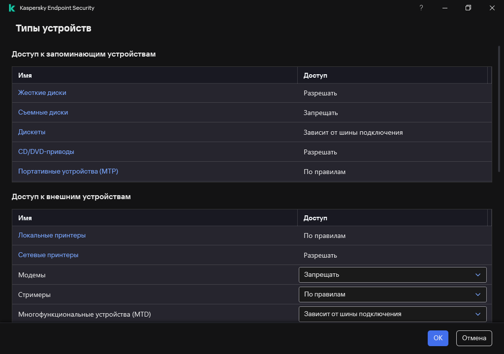 Окно настройки доступа к устройствам. Пользователь может настроить доступ к устройствам, а также настроить дополнительные параметры доступа, например, расписание доступа.