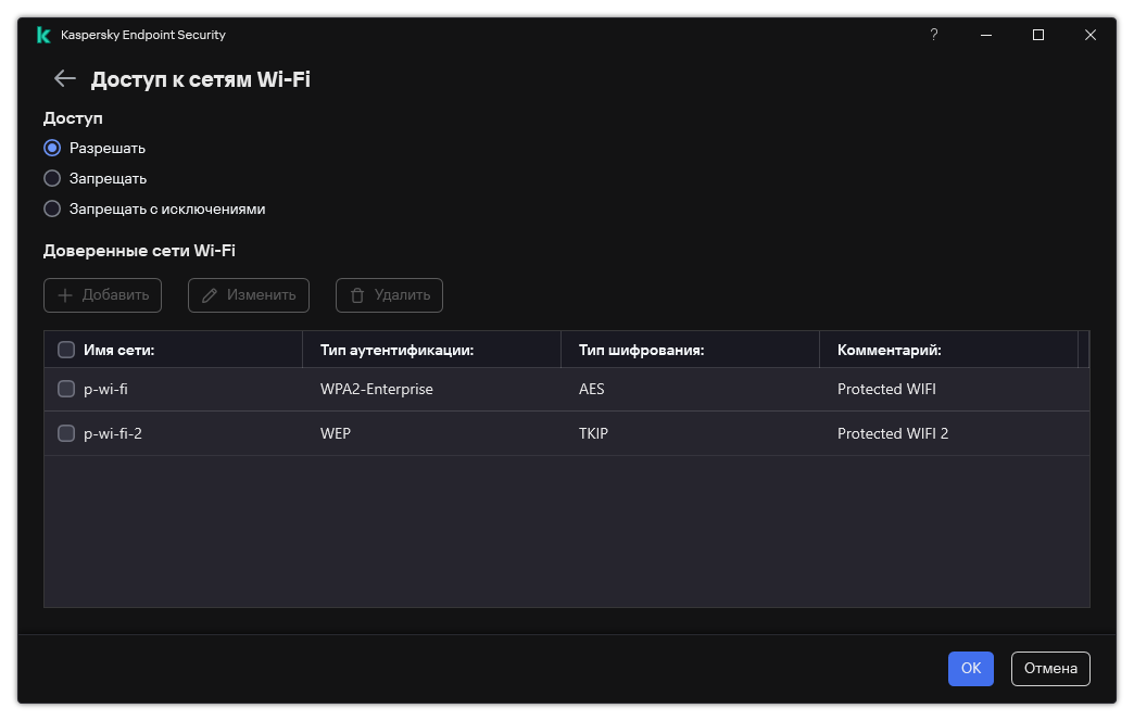 Окно со списком сетей Wi-Fi. Пользователь может настроить доступ ко всем сетям Wi-Fi и добавить доверенные сети Wi-Fi.