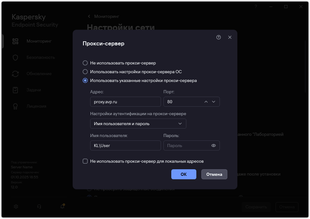 Окно настройки подключения к прокси-серверу. Пользователь может задать адрес прокси-сервера и учетные данные пользователя для подключения к прокси-серверу.