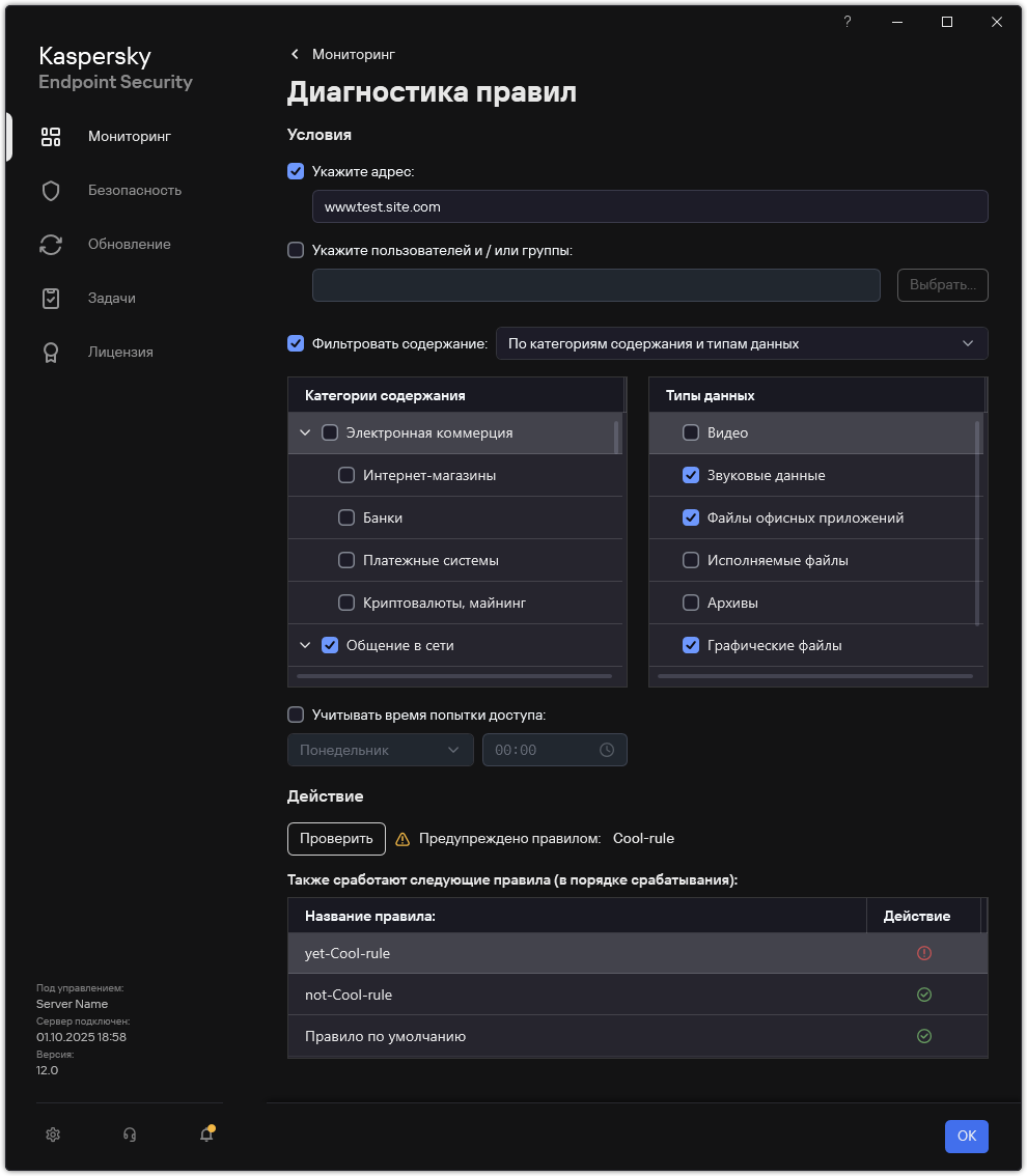 Окно с результатами проверки веб-ресурса.