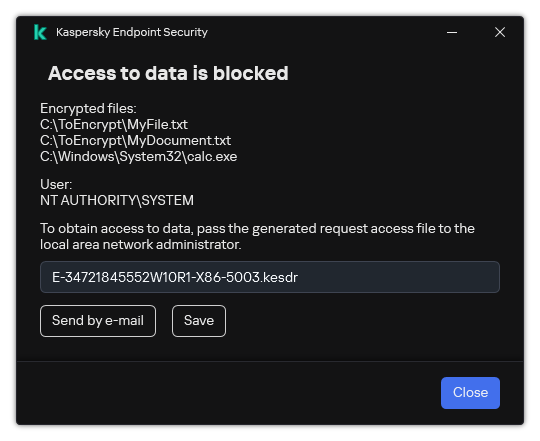A window with a request file to access encrypted data. The user can save the generated file to disk or send it by email.