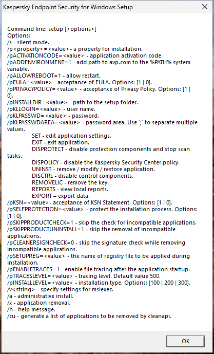 Tooltip window describing the command options to install the application via CMD.