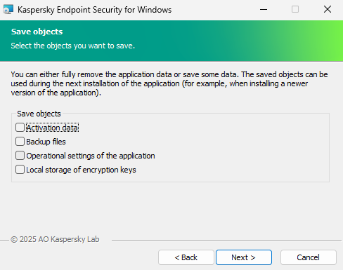 Installer window with a list of objects that can be saved after removing the application.