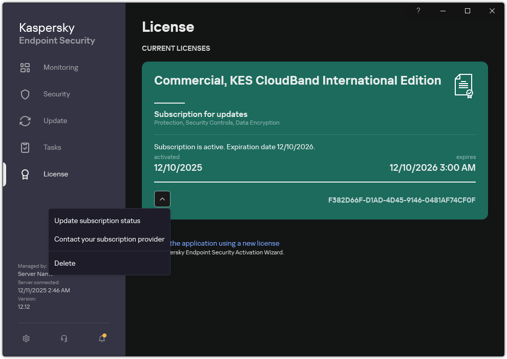 The window with information about the license. The user can update the subscription, contact subscription provider, or remove the license.