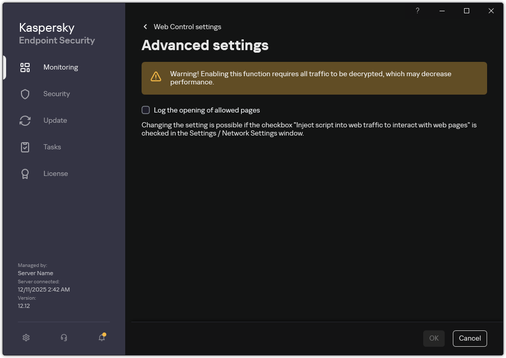 Web Control advanced settings window.