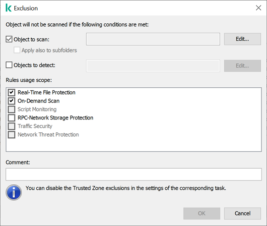 Window for adding exclusions in KSWS settings.