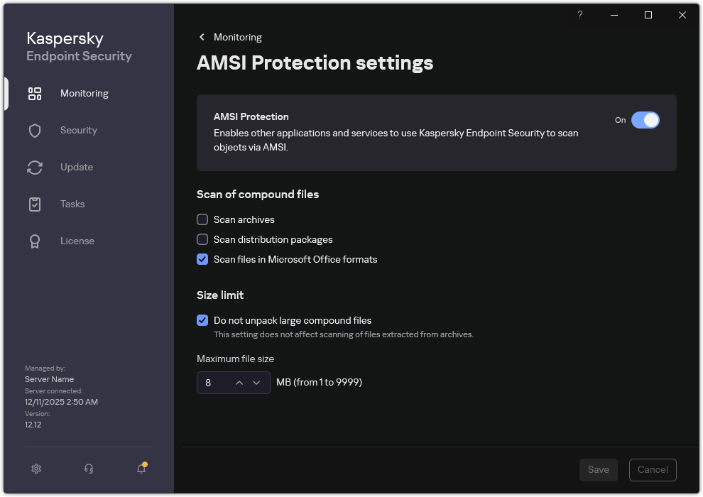 AMSI Protection settings window.