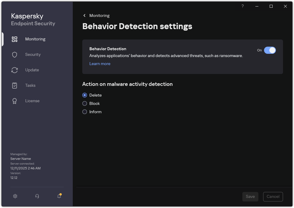 Behavior Detection settings window.