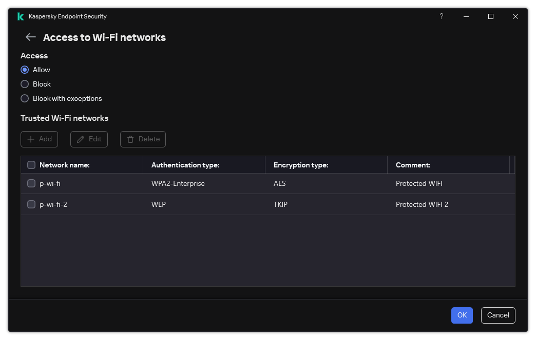 A window with the list of Wi-Fi networks. The user can configure access to all Wi-Fi networks and add trusted Wi-Fi networks.